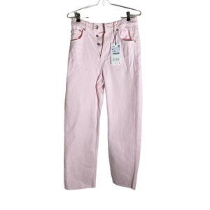 Pink straight leg button fly jeans